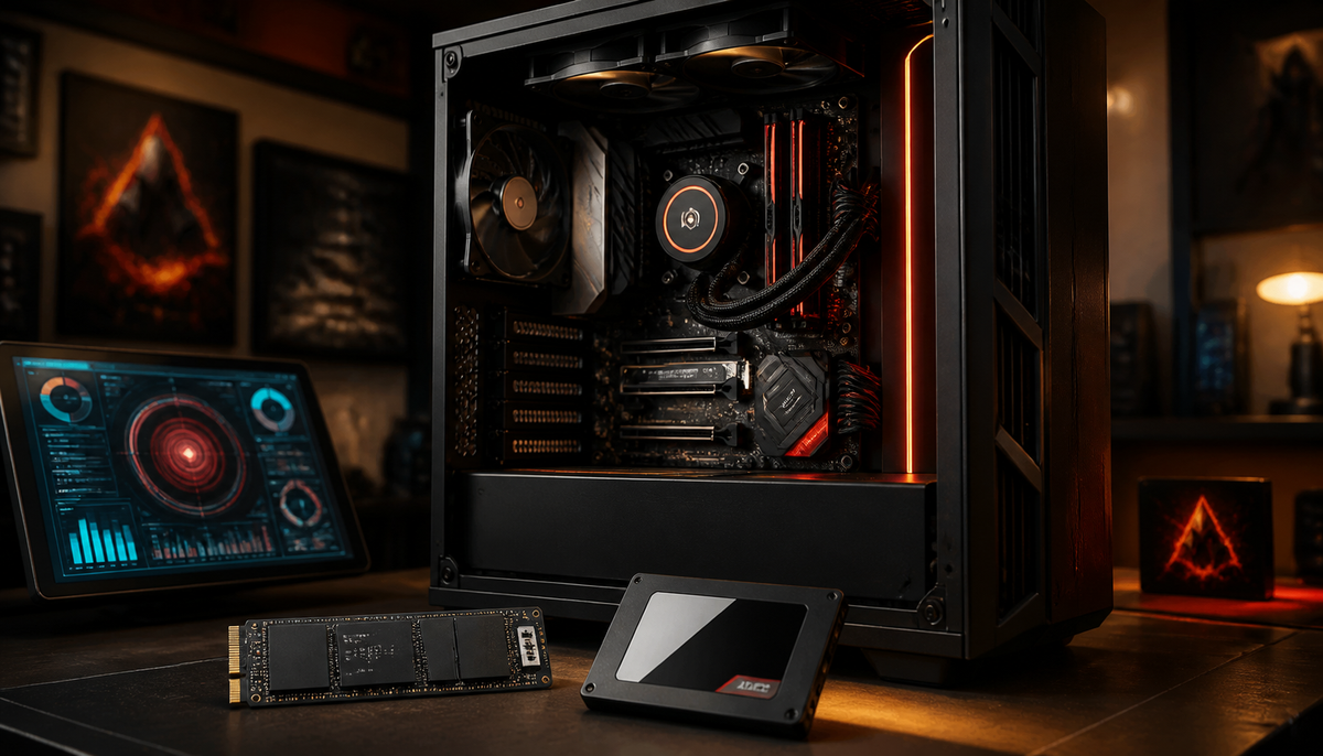 Tour PC ouverte sur un comptoir avec SSD, câbles rangés et lumière chaude de boutique geek