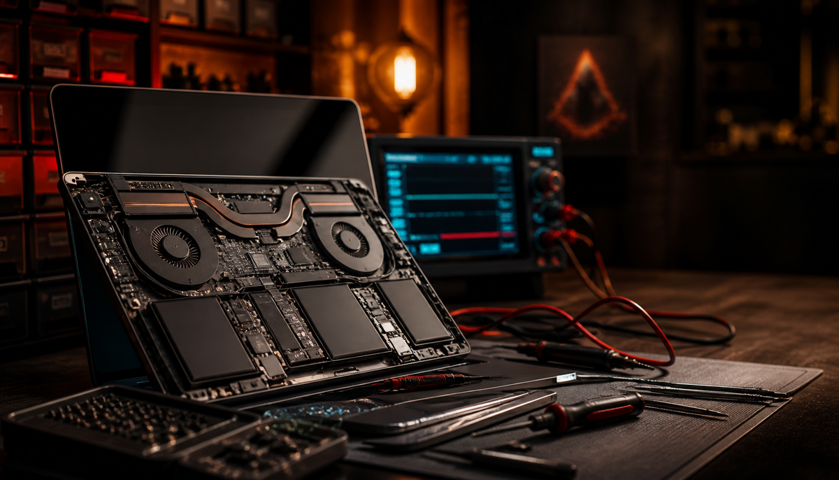 Ordinateur portable ouvert sur un comptoir geek avec petits outils, câbles rangés et lumière chaude