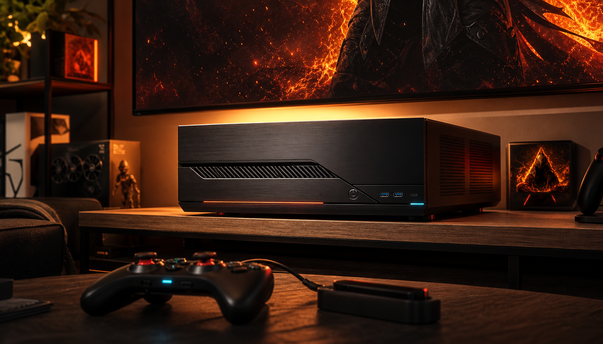 Salon gaming avec TV allumée, boîtier compact sous l’écran, manette sur table basse et lumières néon
