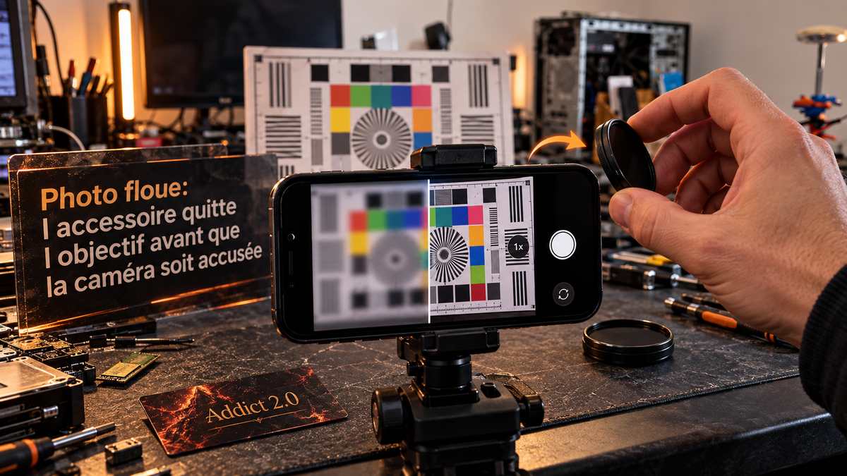 Démonstration neutre dans l'atelier Addict 2.0 : un smartphone cadre une mire colorée, avec une vue floue avant le retrait d'un accessoire et une vue nette aprè