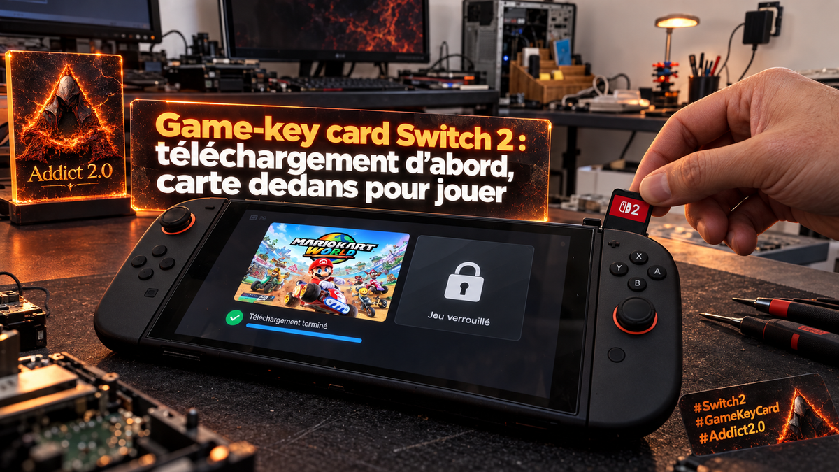 Game-key card Switch 2 à côté d'une console, avec rappel de télécharger puis de garder la carte pour jouer
