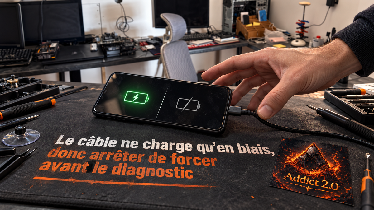 Câble de charge incliné sur un téléphone de démonstration, avec une main qui cesse de forcer avant le diagnostic