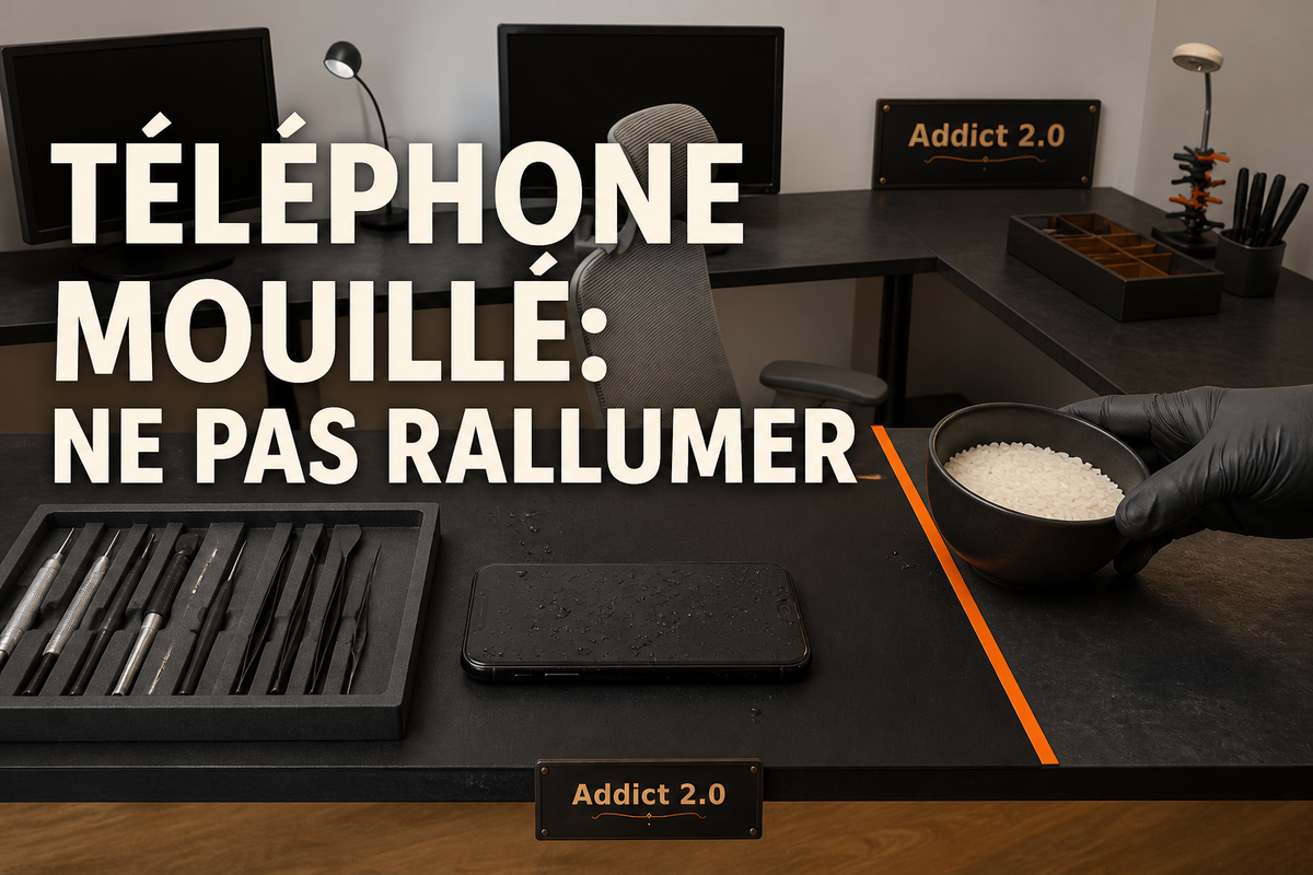 Téléphone mouillé éteint dans l’atelier Addict 2.0 à Folelli, tandis qu’un bol de riz est écarté de la zone de diagnostic.