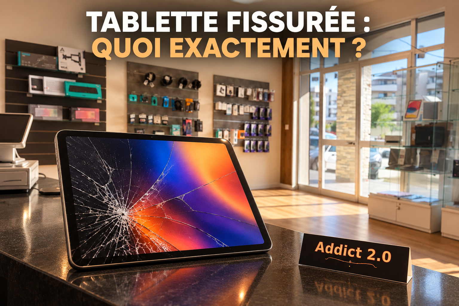 Illustration éditoriale hypothétique d’une tablette neutre à la vitre fissurée, avec l’écran allumé dans une zone intacte, dans l’atelier Addict 2.0 à Folelli. 