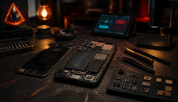 Smartphone ouvert sur un comptoir de boutique geek avec outils de réparation et lumière chaude