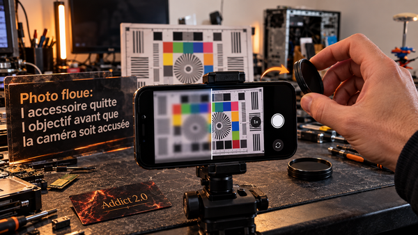 Démonstration neutre dans l'atelier Addict 2.0 : un smartphone cadre une mire colorée, avec une vue floue avant le retrait d'un accessoire et une vue nette aprè