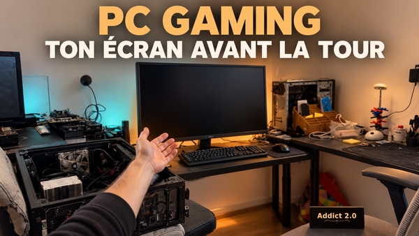 Un écran sombre et une tour PC ouverte dans l’atelier, pour illustrer un choix de configuration gaming qui commence par l’écran et les jeux.
