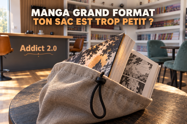Illustration photographique d’un volume de manga fictif engagé dans l’ouverture trop étroite d’un sac neutre, un coin dépassant, dans un coin manga de boutique.