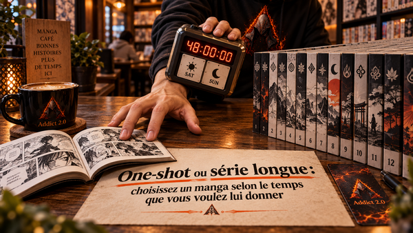 Place de lecture du café manga de Folelli avec un tankobon original ouvert d’un côté et une série de volumes aux couvertures non identifiables de l’autre, un mi