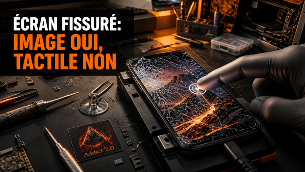 Téléphone fictif de démonstration avec vitre fissurée, image visible et test tactile immobile dans un atelier Addict 2.0