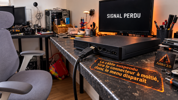 Démonstration neutre dans l'atelier Addict 2.0 : câble vidéo suspendu, connecteur à moitié sorti et écran affichant SIGNAL PERDU