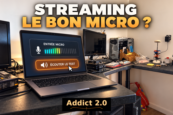 Un micro externe et un casque devant une interface de démonstration qui indique qu’une autre entrée audio est sélectionnée.
